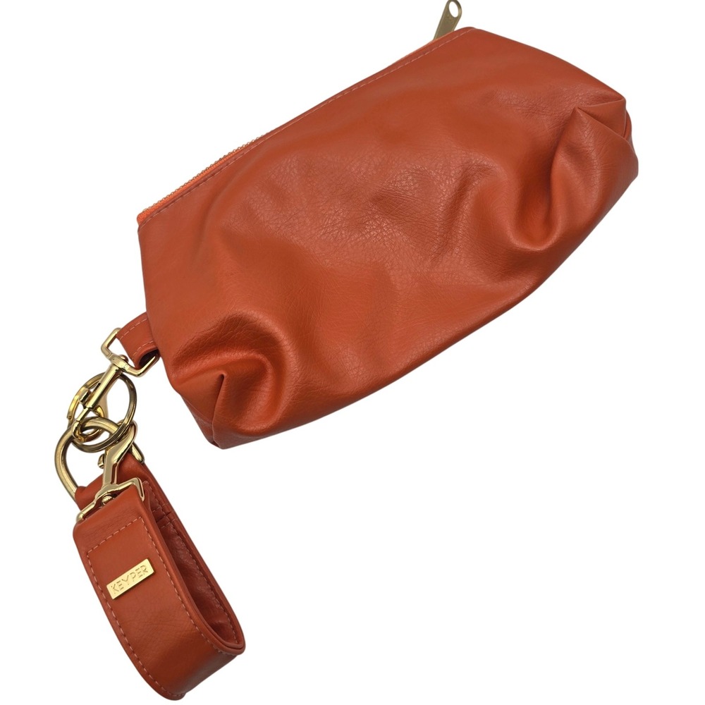 Keyper Orange Faux Leather‎ Wristlet Pouch Clutch Gold Hardware Zipper